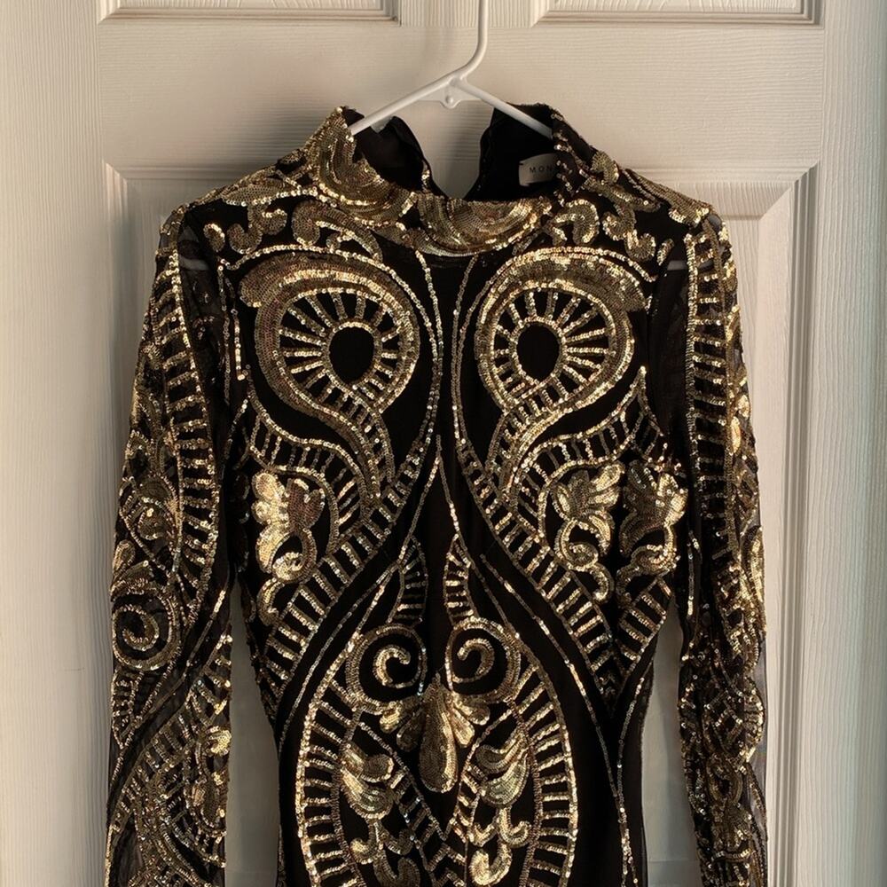 Black & Gold Sequin Bodycon Long Sleeve Dress M - Picture 2 of 10